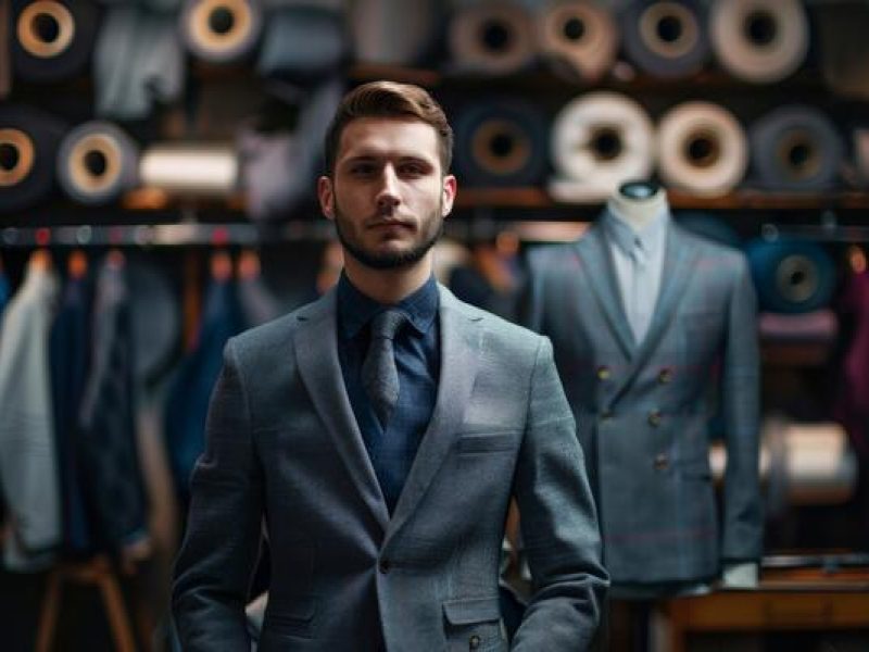european-man-fashion-designer-stands-with-sewing-mannequin-mannequin-in-a-gray-men-s-jacket-tailor-shop-dark-background-photo